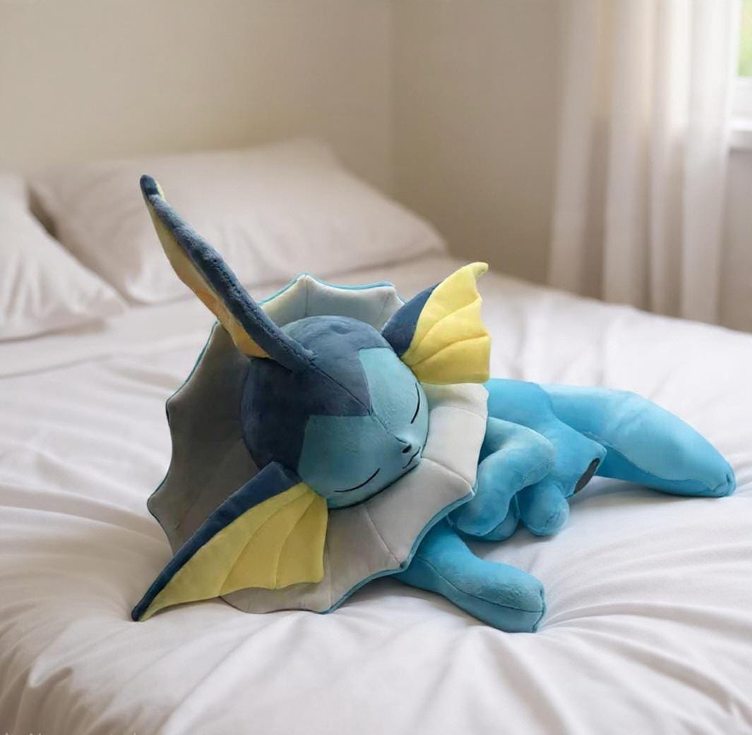 Detail of ultra-soft cloud-touch fleece on a sleeping Vaporeon plush - high-fidelity anime artifact