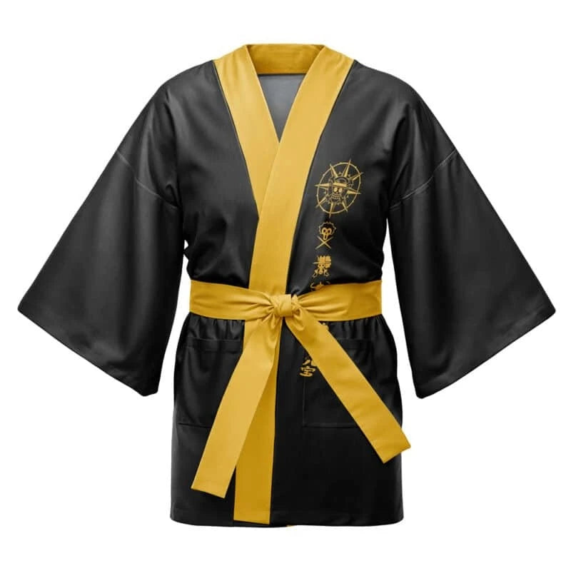 One Piece Straw Hat Pirates Cosplay Kimono – Premium Black & Gold Performance Haori Dress