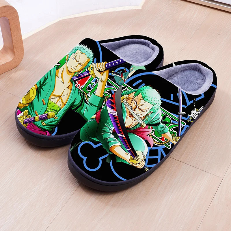 One Piece Anime Plush Slippers – Luffy & Zoro Warm Indoor Winter Shoes
