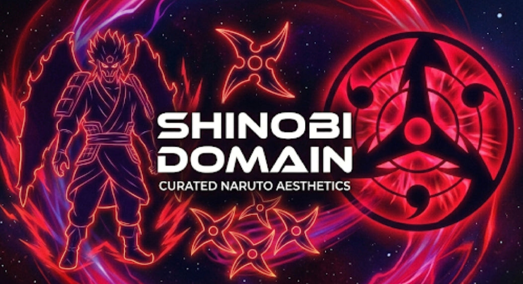 Shinobi Domain collection banner featuring Sharingan aesthetics and curated Naruto anime collectibles.