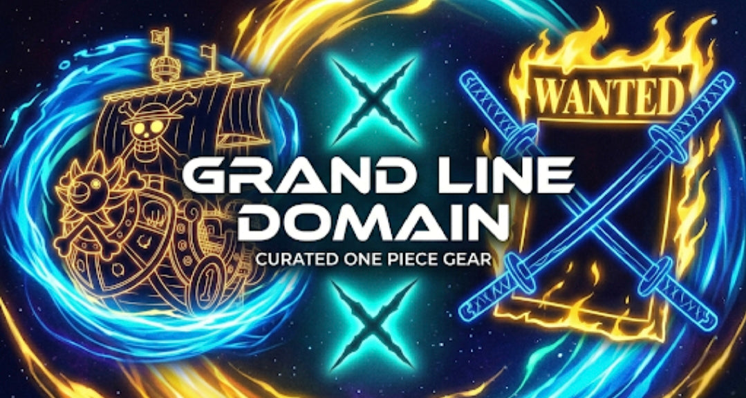 Grand Line Domain One Piece collection banner featuring Luffy and Zoro artifacts.
