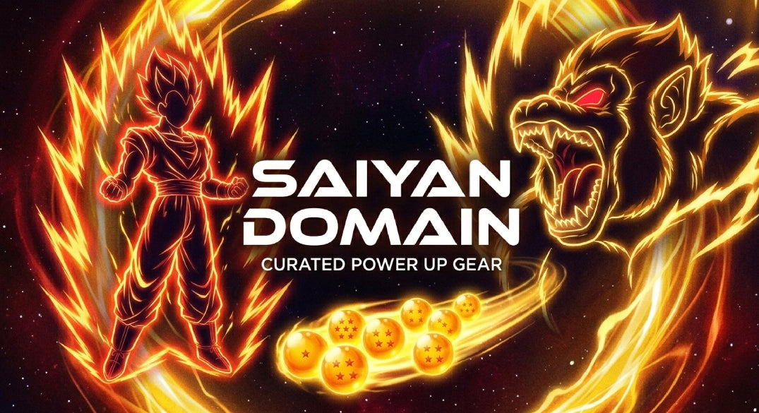 Saiyan Domain collection banner featuring Super Saiyan Goku and legendary DBZ warriors.