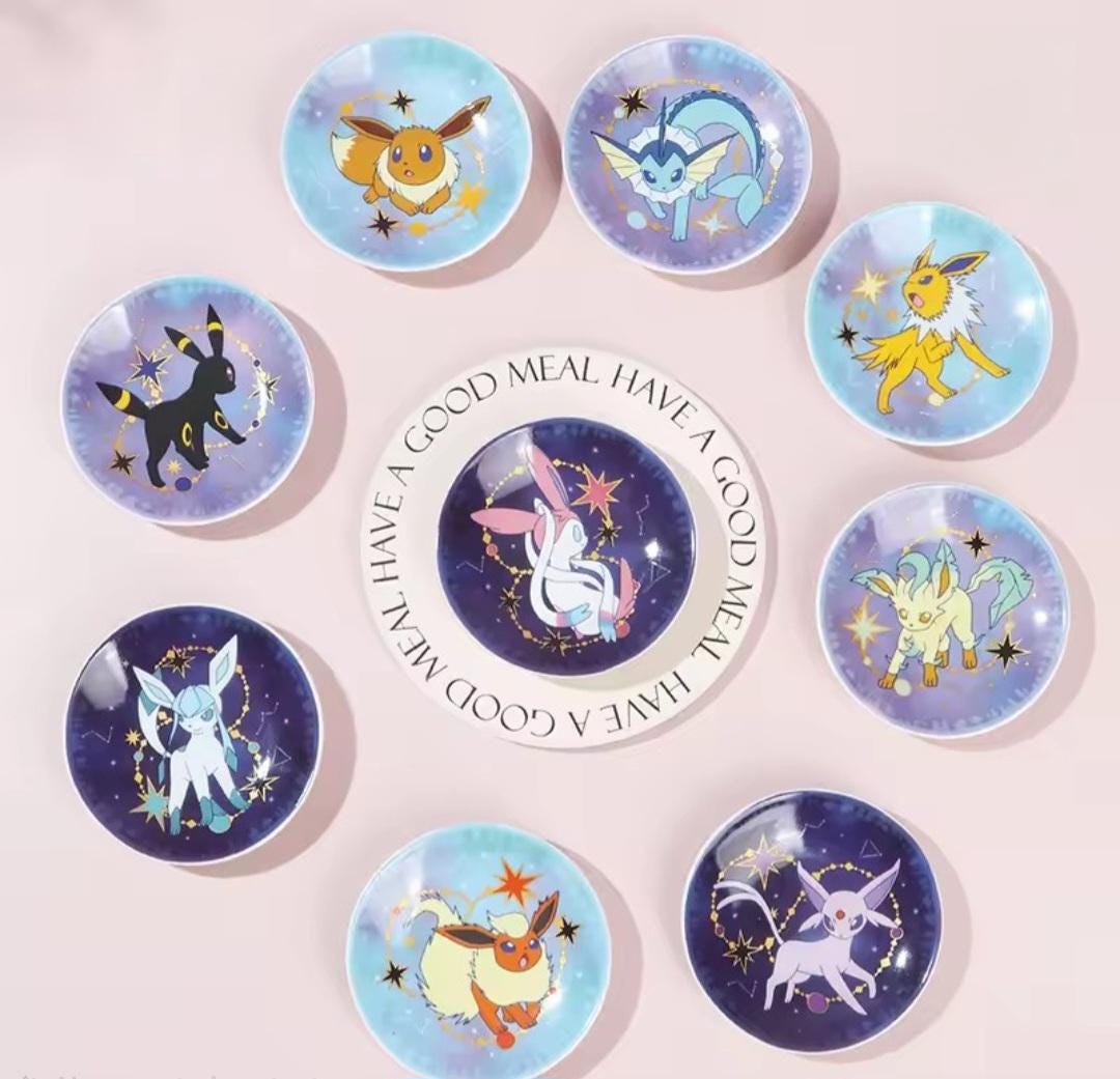 9-piece Eeveelution Starlight Night ceramic plate set with gift box.