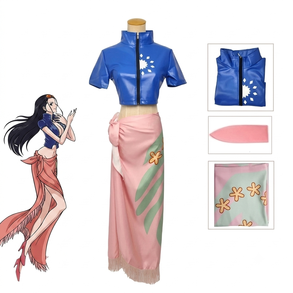 One Piece Nico Robin Cosplay Outfit Set – Dress, Wrap Skirt, Glasses & Wig