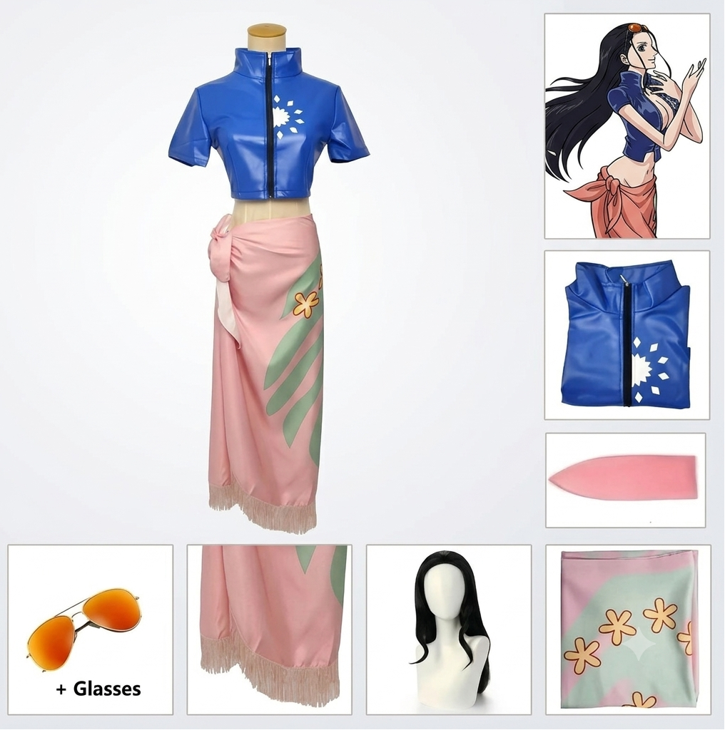 One Piece Nico Robin Cosplay Outfit Set – Dress, Wrap Skirt, Glasses & Wig
