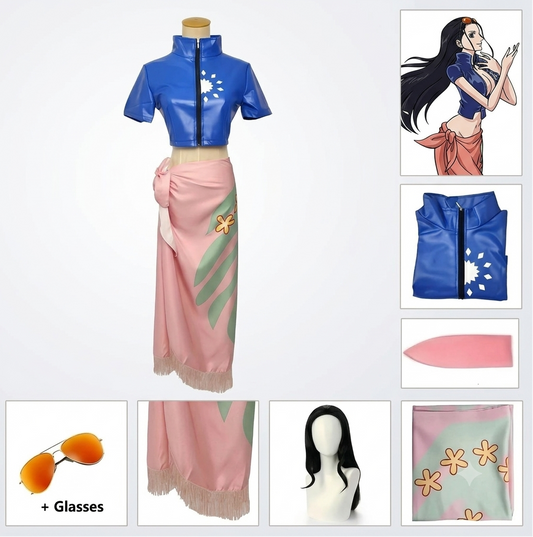 One Piece Nico Robin Cosplay Outfit Set – Dress, Wrap Skirt, Glasses & Wig