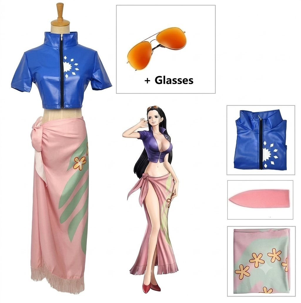 One Piece Nico Robin Cosplay Outfit Set – Dress, Wrap Skirt, Glasses & Wig