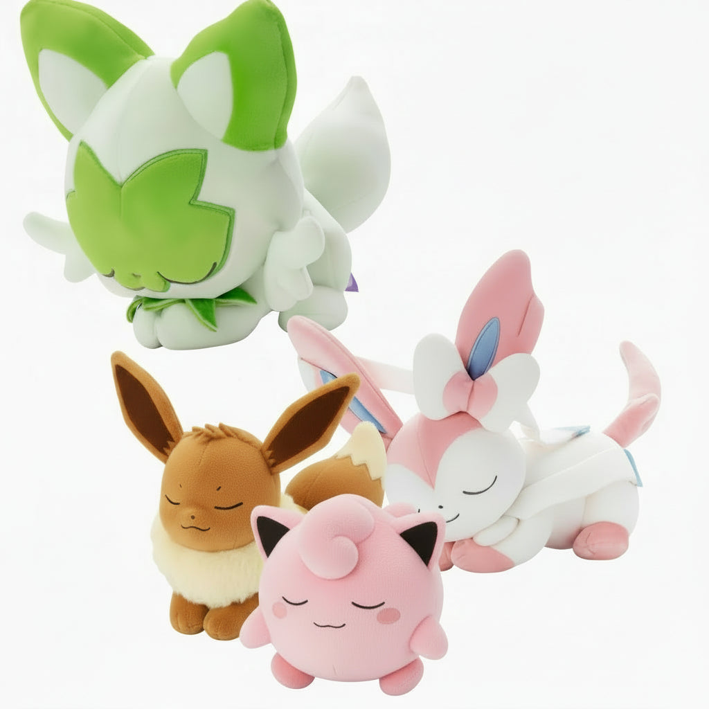 Group of premium Eeveelution and Kanto artisan plushies including Sprigatito, Eevee, and Sylveon.