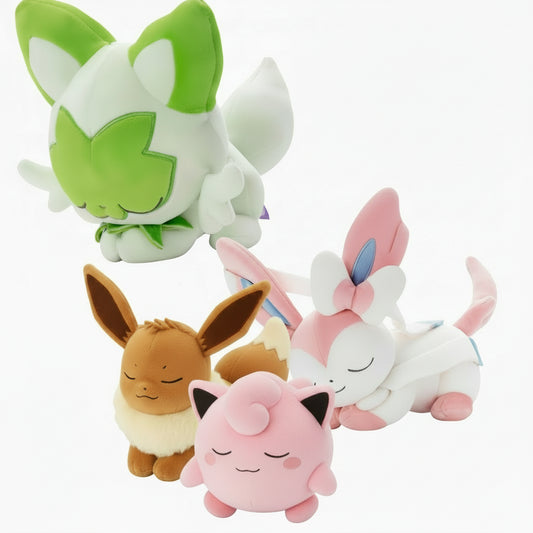 Group of premium Eeveelution and Kanto artisan plushies including Sprigatito, Eevee, and Sylveon.