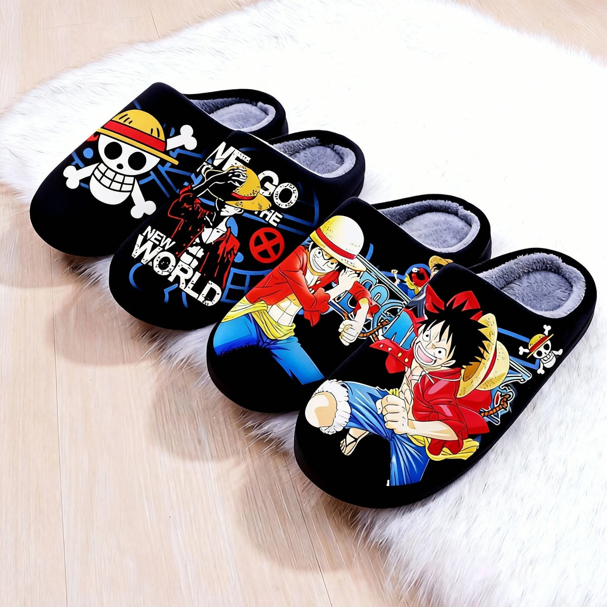 One Piece Anime Plush Slippers – Luffy & Zoro Warm Indoor Winter Shoes