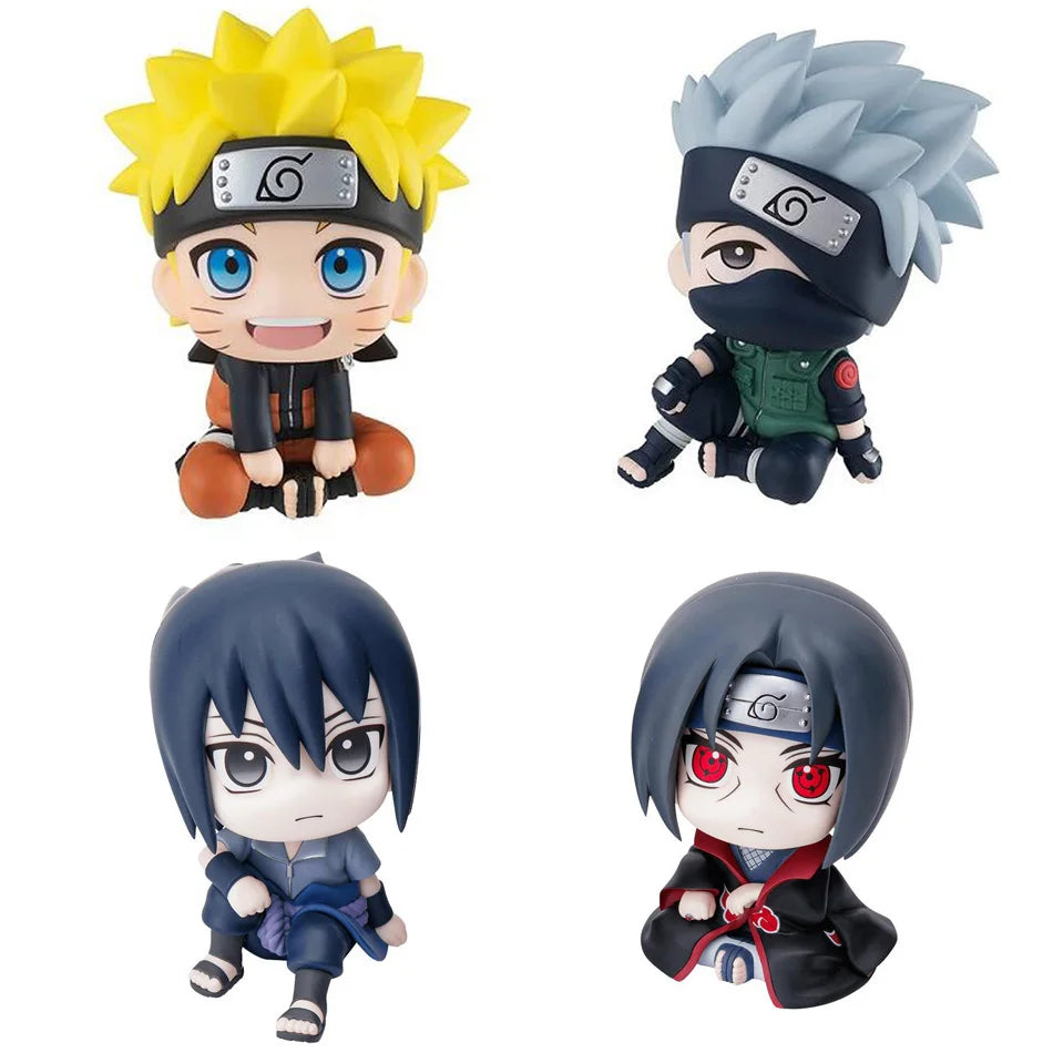 Set of 4 Naruto Shippuden Q-version mini figures including Naruto, Sasuke, Kakashi, and Itachi - Shinobi Domain artifacts.