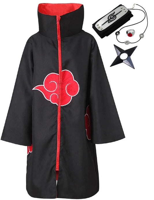 Adult model wearing Akatsuki cosplay cloak robe with stand collar