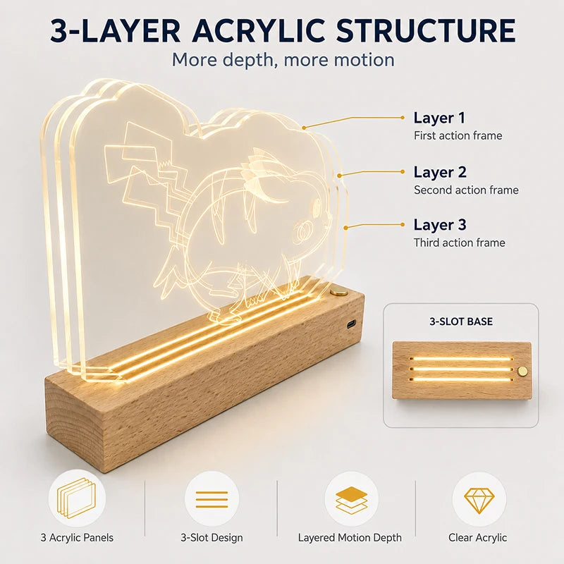 Pokémon Pikachu 3D Multilayer Acrylic LED Lamp – Dynamic Motion Effect Night Light
