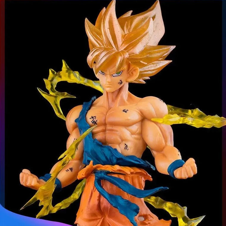 Super Saiyan Goku figure with spiky hair and blue scarf on a black background