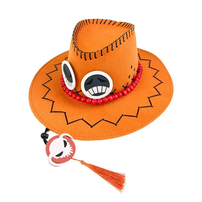 One Piece Portgas D. Ace Cowboy Hat – Cosplay Sun Hat with Smile & Frown Badges