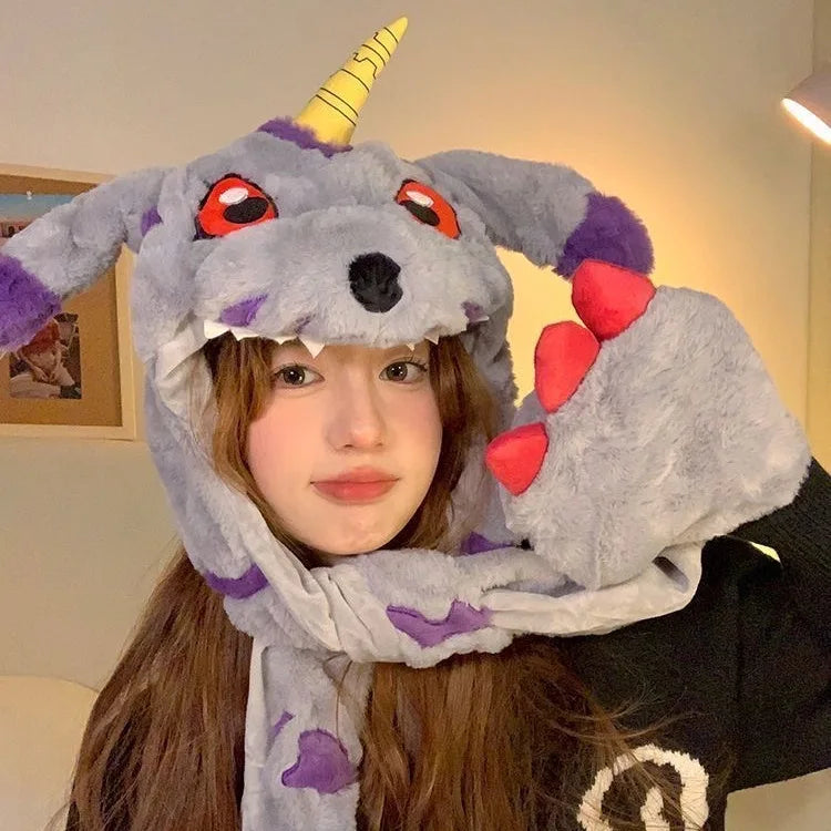 Digimon Gabumon Plush Hooded Hat – Anime Cosplay Scarf & Gloves Combo Set