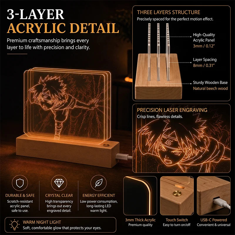 Sasuke Uchiha 3D Multilayer Acrylic LED Lamp – Dynamic Motion Effect Night Light