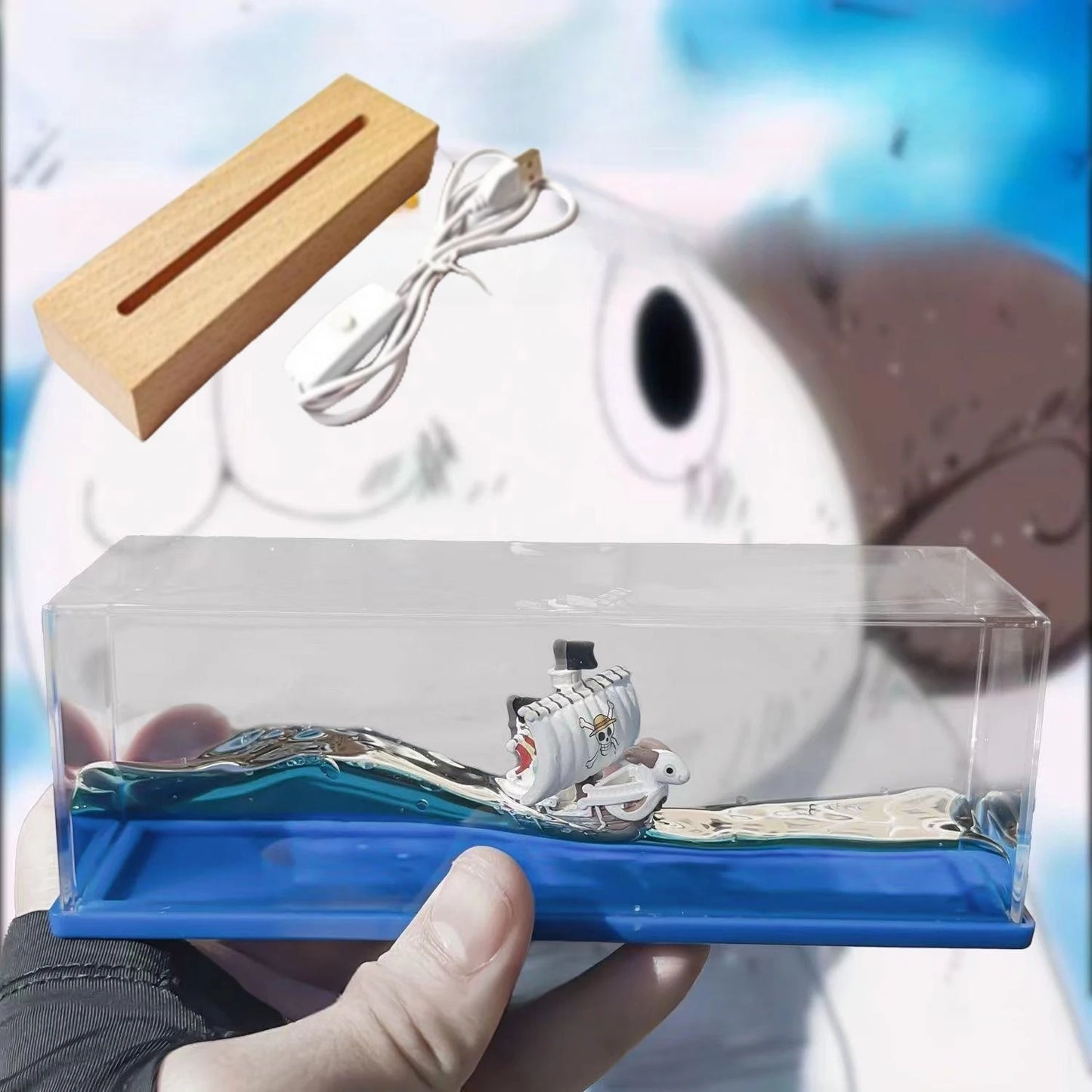 One Piece Floating Ship Liquid Wave Bottle – Thousand Sunny & Going Merry Desk Ornament