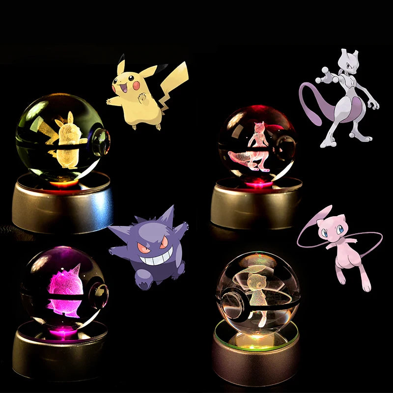 Pokémon 3D Engraved Crystal Ball LED Night Light – Glowing Pokeball Orb Lamp