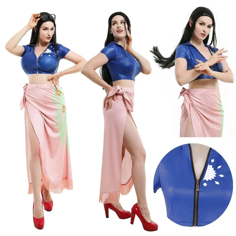 One Piece Nico Robin Cosplay Outfit Set – Dress, Wrap Skirt, Glasses & Wig