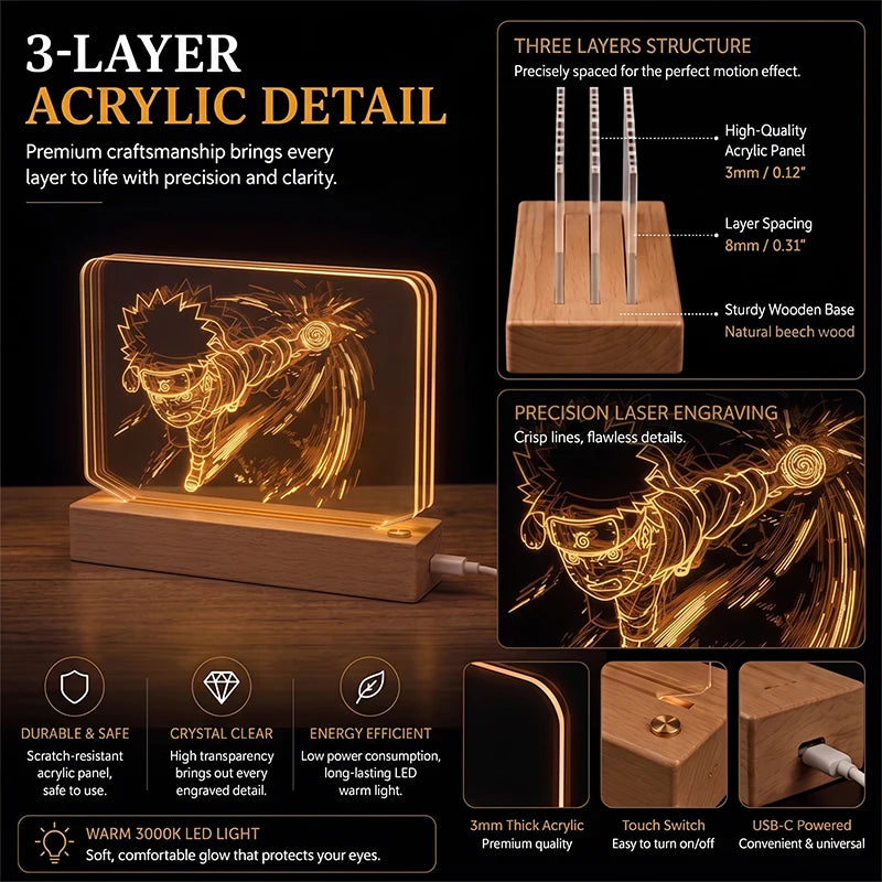 Naruto Uzumaki 3D Multilayer Acrylic LED Lamp – Dynamic Motion Effect Night Light