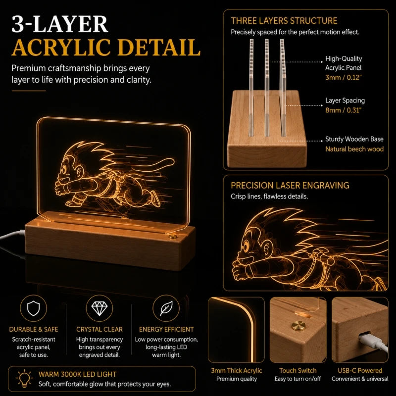 Dragon Ball Goku 3D Multilayer Acrylic LED Lamp – Dynamic Motion Effect Night Light