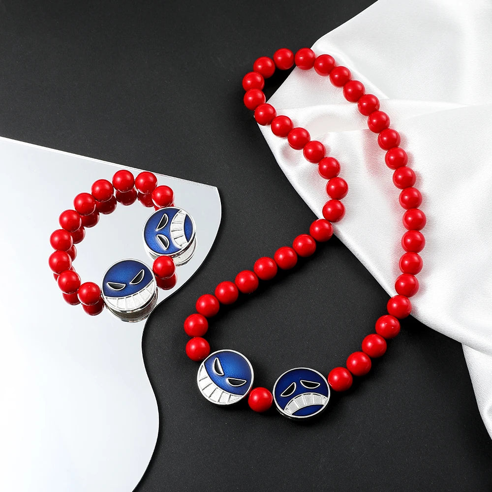 One Piece Portgas D. Ace Red Bead Necklace & Bracelet Set – Cosplay Jewelry