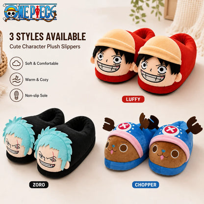 One Piece Anime Plush Slippers – Luffy, Zoro & Chopper Indoor Warm Winter House Shoes