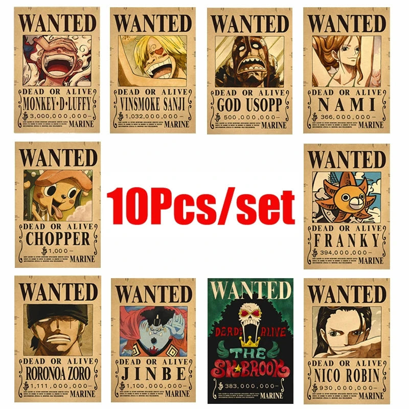 One Piece Wanted Posters Set (10-Pack) – Vintage Kraft Paper Wall Art