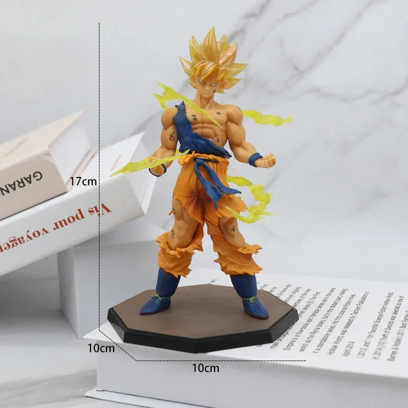 Super Saiyan Goku figure with measurements on a white background