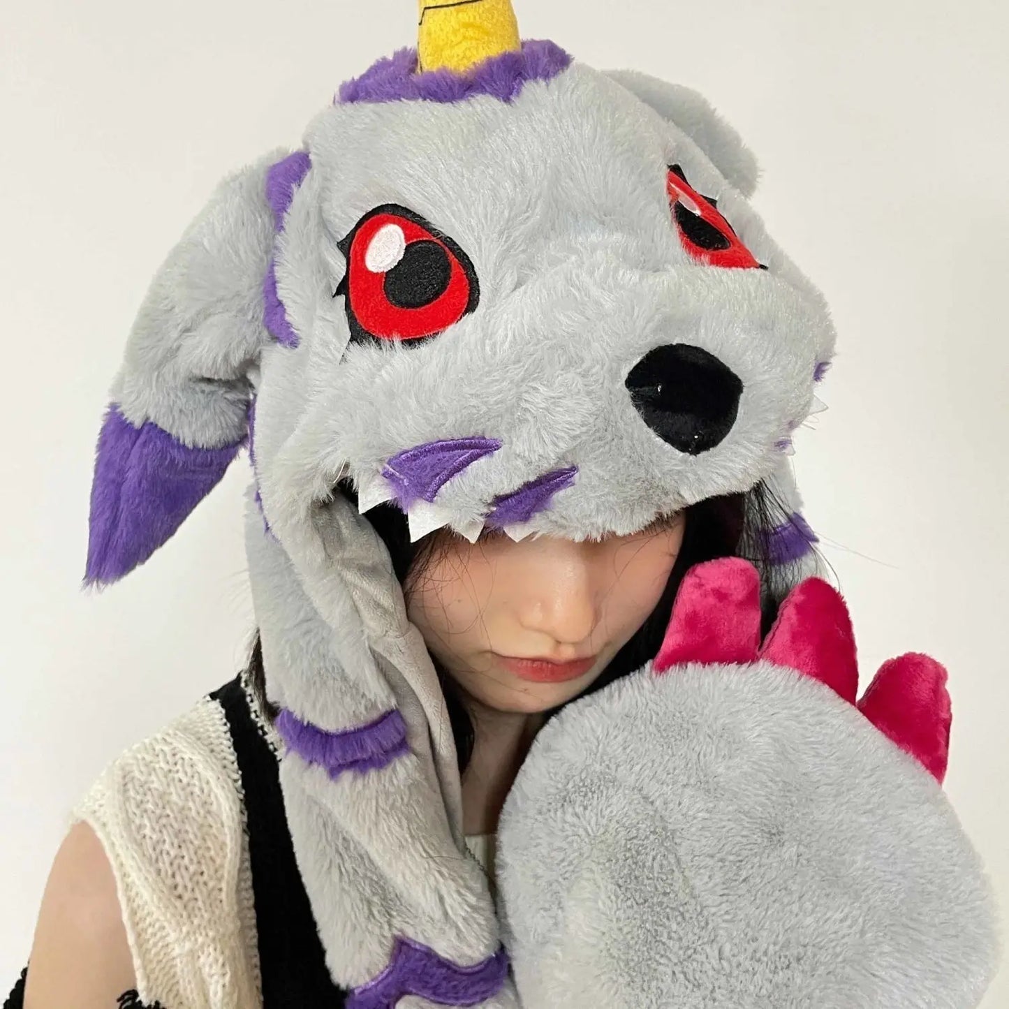 Digimon Gabumon Plush Hooded Hat – Anime Cosplay Scarf & Gloves Combo Set