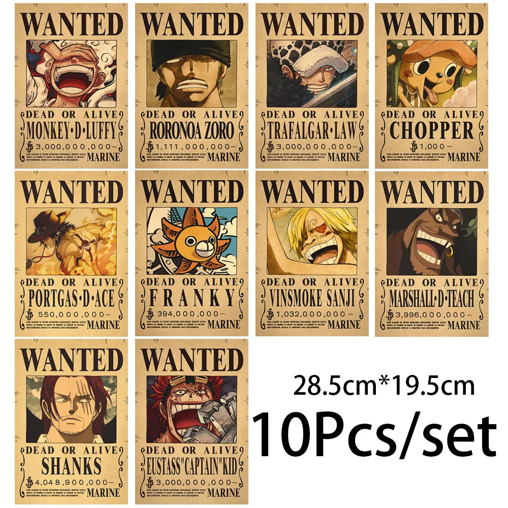 One Piece Wanted Posters Set (10-Pack) – Vintage Kraft Paper Wall Art