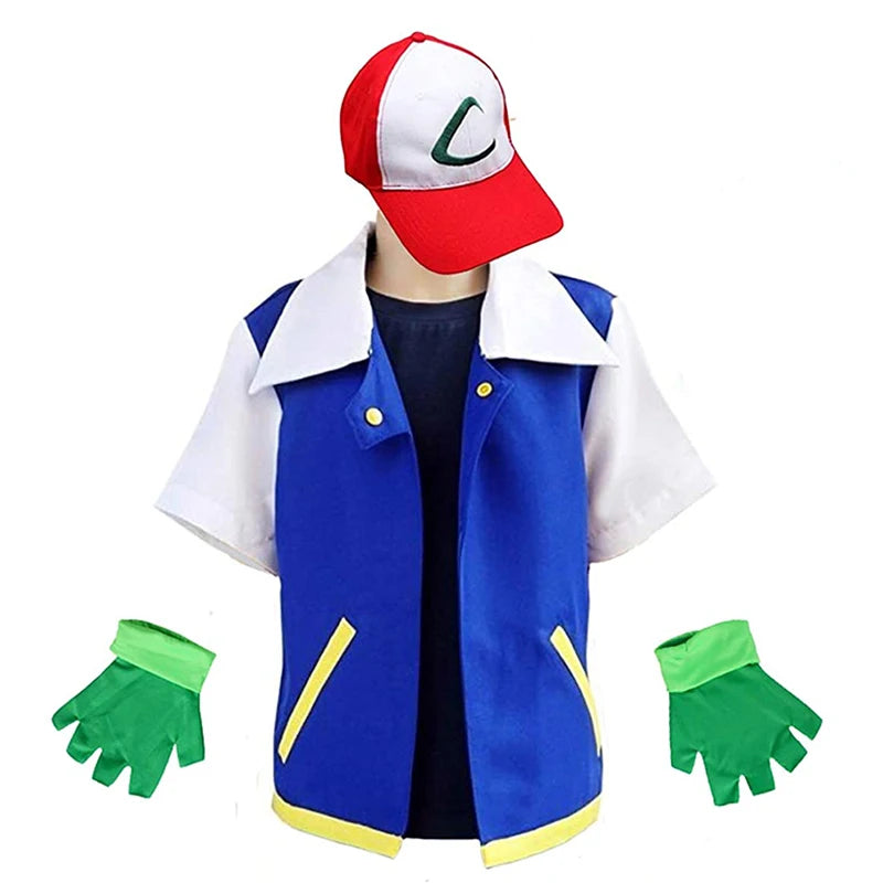 Pokemon Ash Ketchum Cosplay Costume Set – Jacket, Hat & Gloves Trainer Outfit
