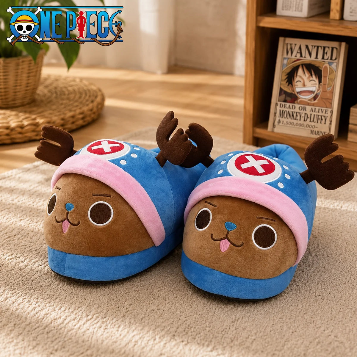 One Piece Anime Plush Slippers – Luffy, Zoro & Chopper Indoor Warm Winter House Shoes