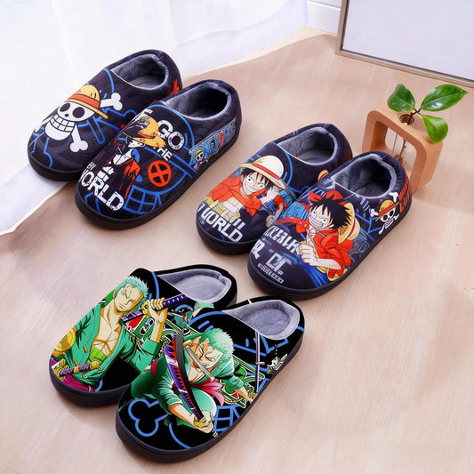 One Piece Anime Plush Slippers – Luffy & Zoro Warm Indoor Winter Shoes