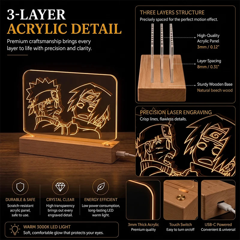 Naruto Sasuke 3D Multilayer Acrylic LED Lamp – Dynamic Motion Effect Night Light