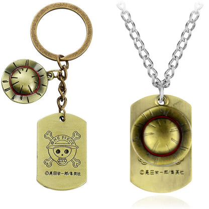 One Piece Straw Hat Military Badge Necklace & Keychain Set – Anime Pendant Accessories