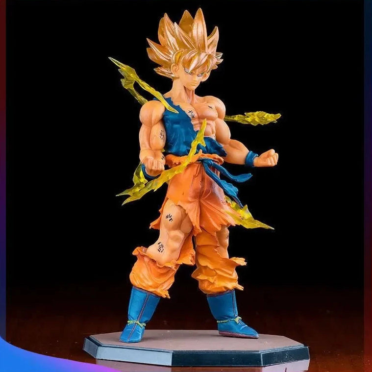 Super Saiyan Goku figure with blue hair and orange outfit on a black background