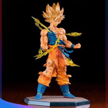 Super Saiyan Goku figure with blue hair and orange outfit on a black background