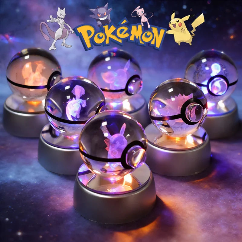 Pokémon 3D Engraved Crystal Ball LED Night Light – Glowing Pokeball Orb Lamp