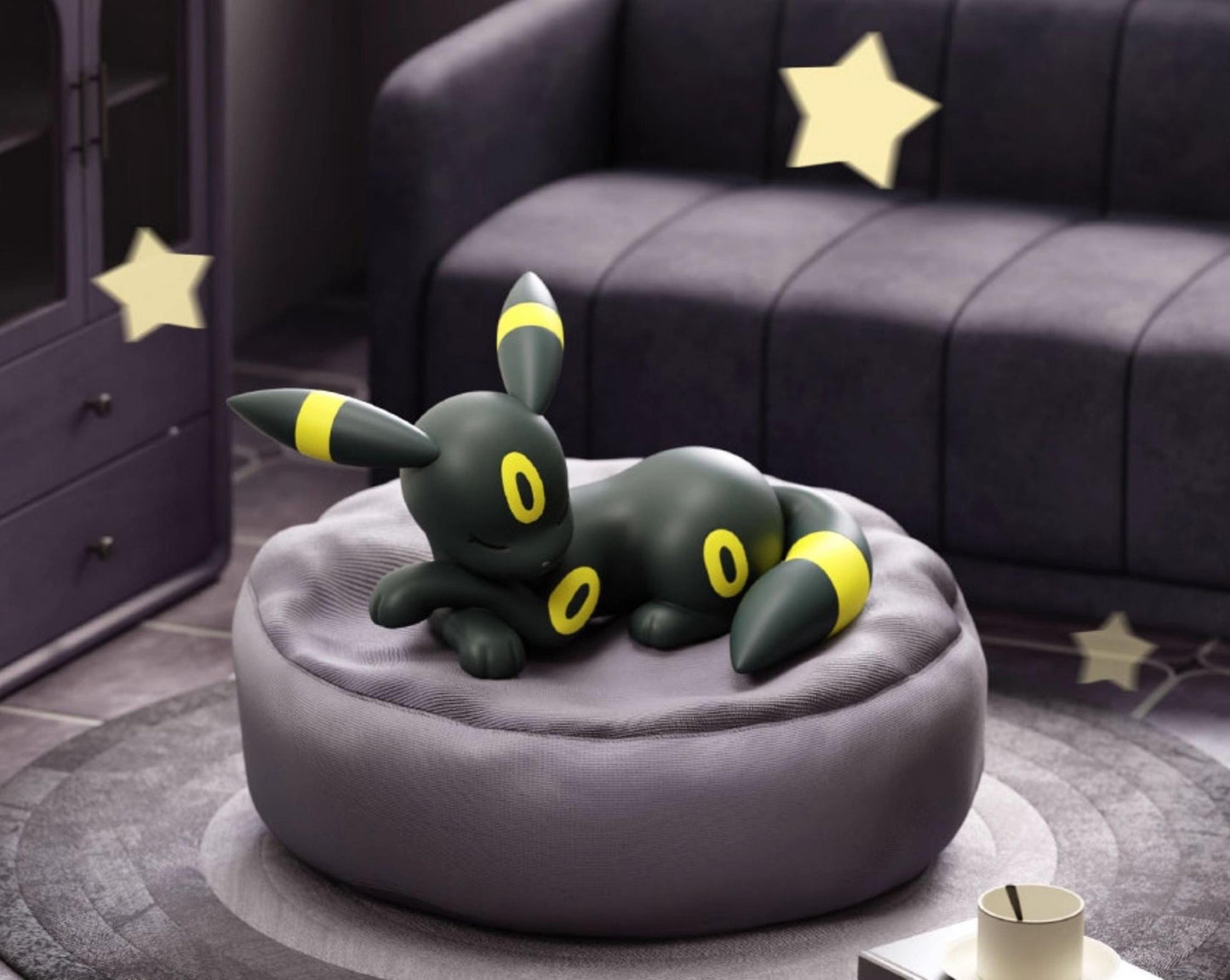 Sleeping Umbreon figure with glow-in-the-dark moon markings curled up on a black velvet-texture circular bed, anime collectible desk accessory.