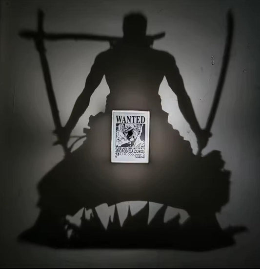 Roronoa Zoro King of Hell 3D shadow box lamp glowing green in a dark room.