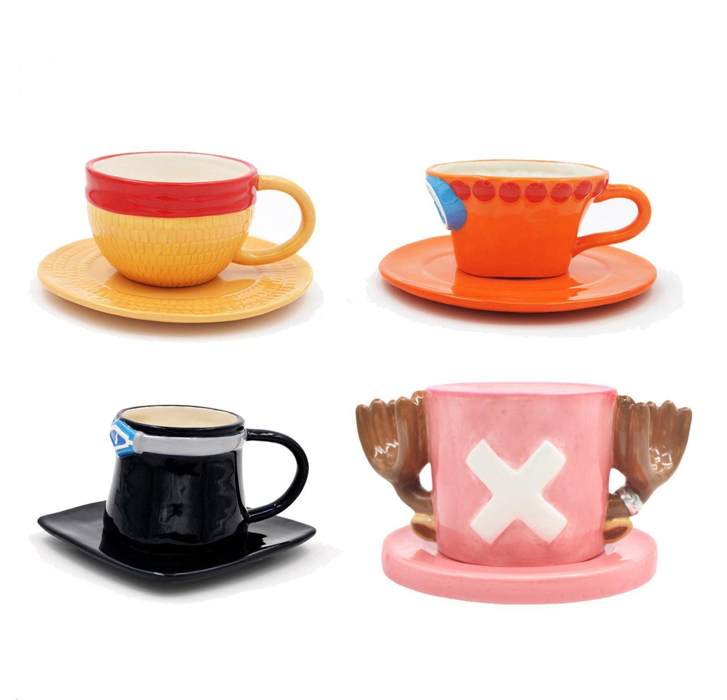 One Piece legendary hat mug and saucer set featuring Luffy, Ace, Sabo, and Chopper.