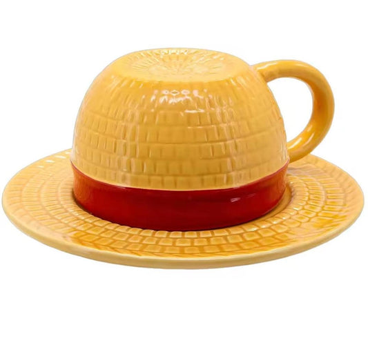 Monkey D. Luffy Straw Hat ceramic mug and saucer duo.